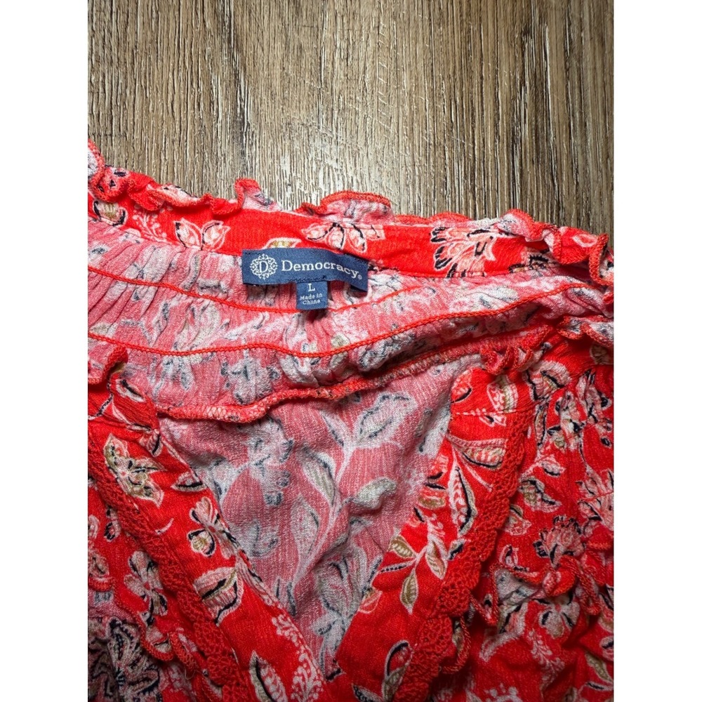 Democracy Red Floral Paisley‎ Ruffle V-Neck Button Front Blouse Large Boho L - Picture 3 of 6